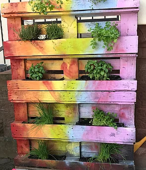 Eine bunt bemalte, senkrecht stehende EU-Palette mit Schnittlauch, Basilikum und anderen Kräutern darin